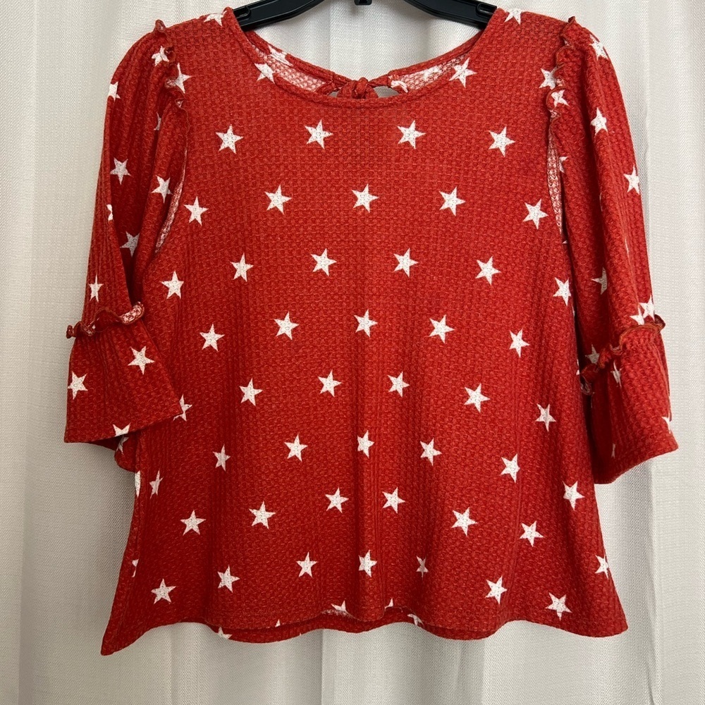 Red Star Print Waffle Knit Top with Tie-Back – Size Small